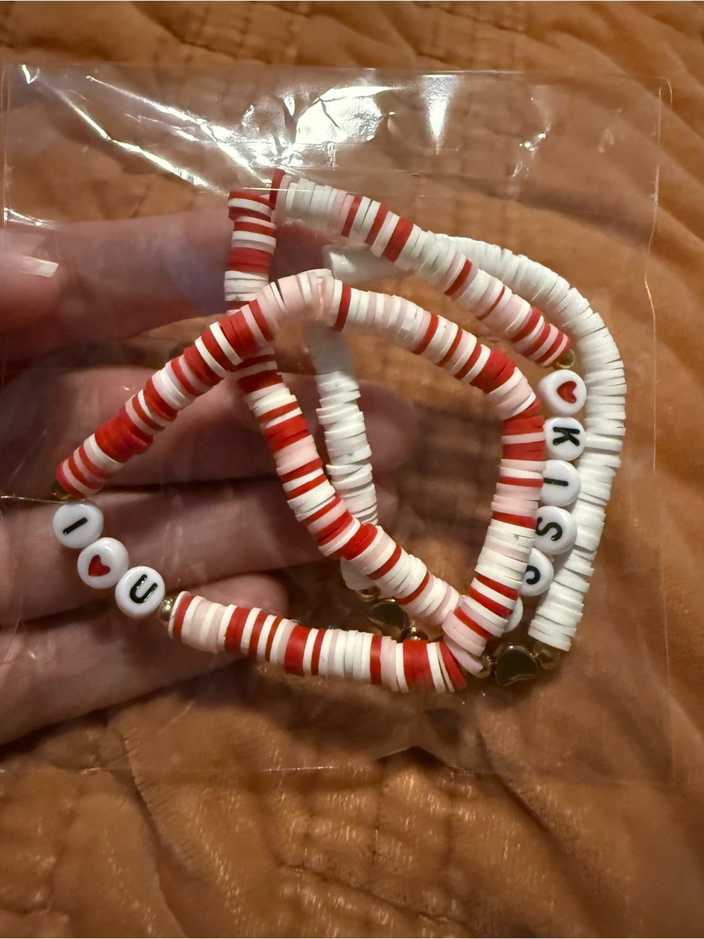 Red & White Beaded Letter Bracelet Set